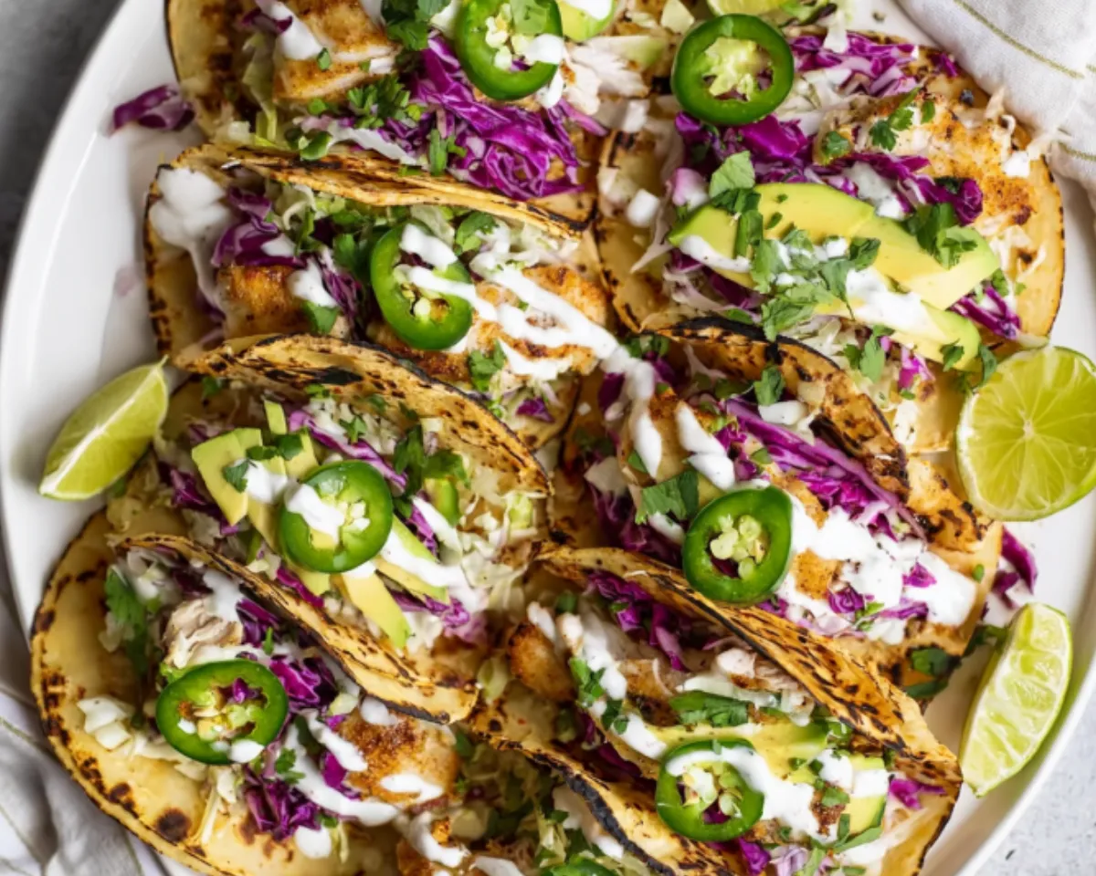 loaded fish tacos with lime