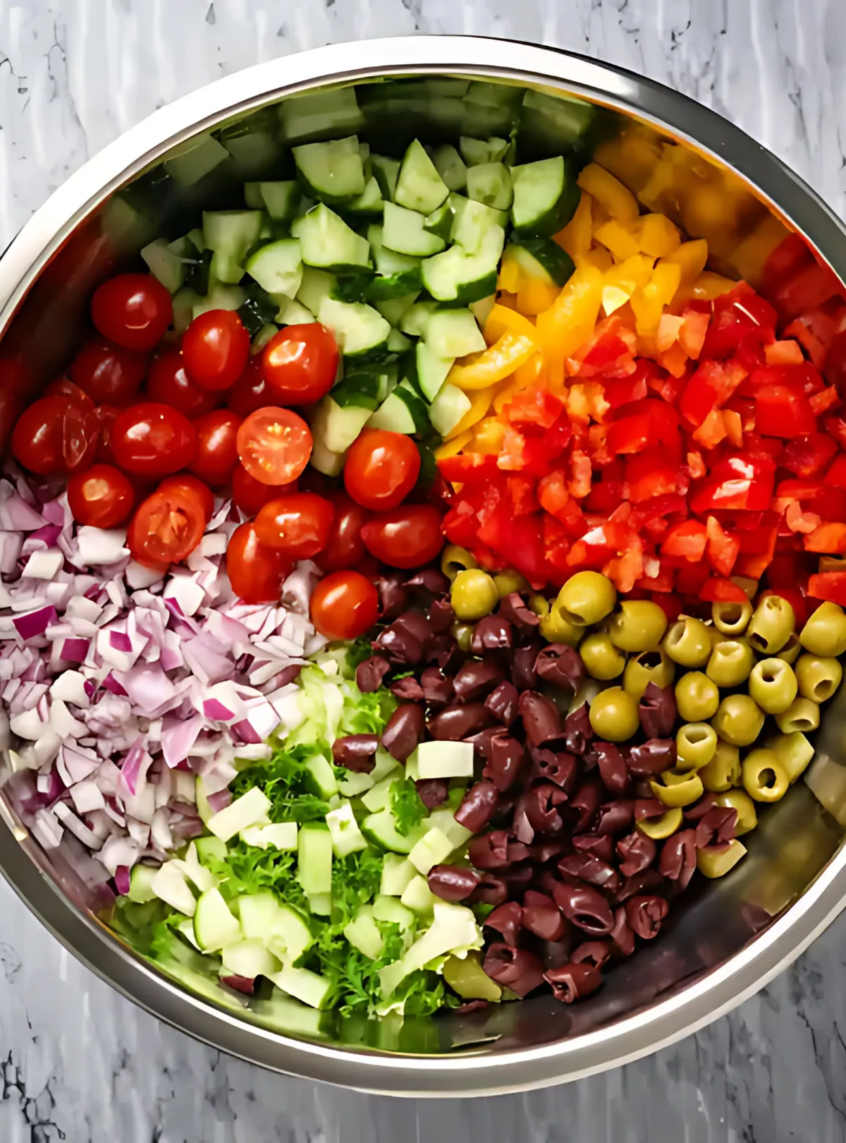 neatly arranged salad ingredients