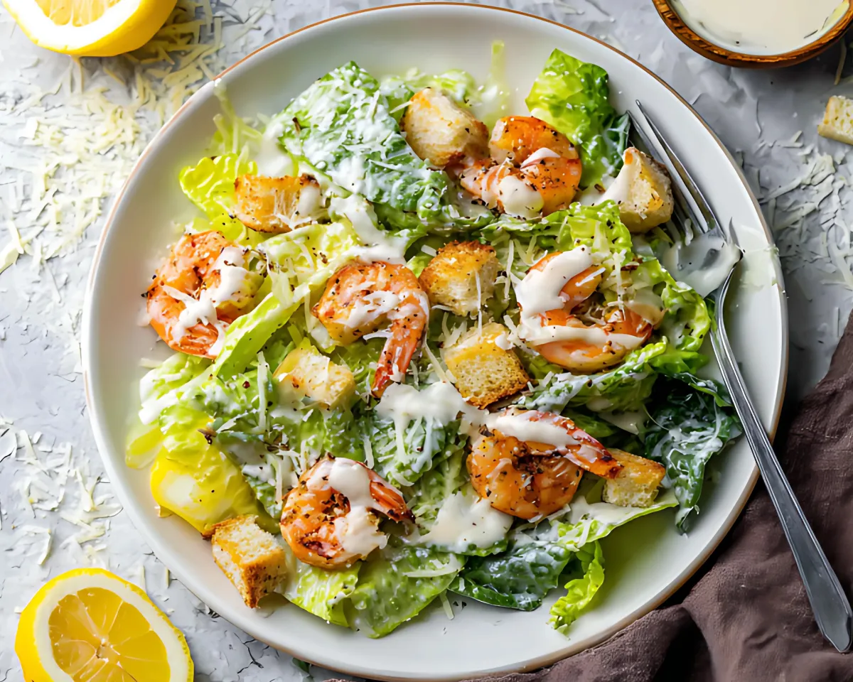 plated shrimp Caesar salad