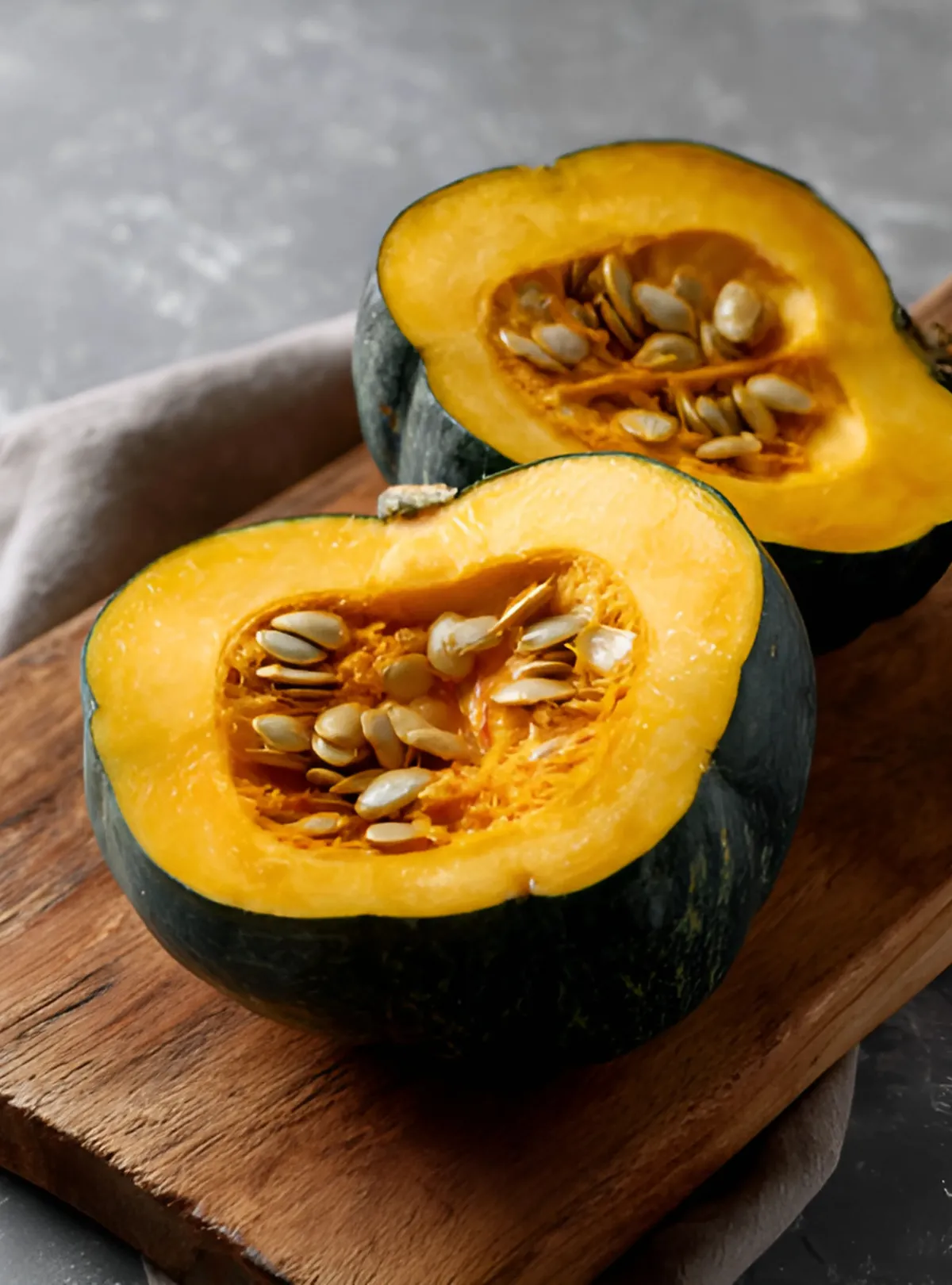 raw halved acorn squash with seeds on wood board