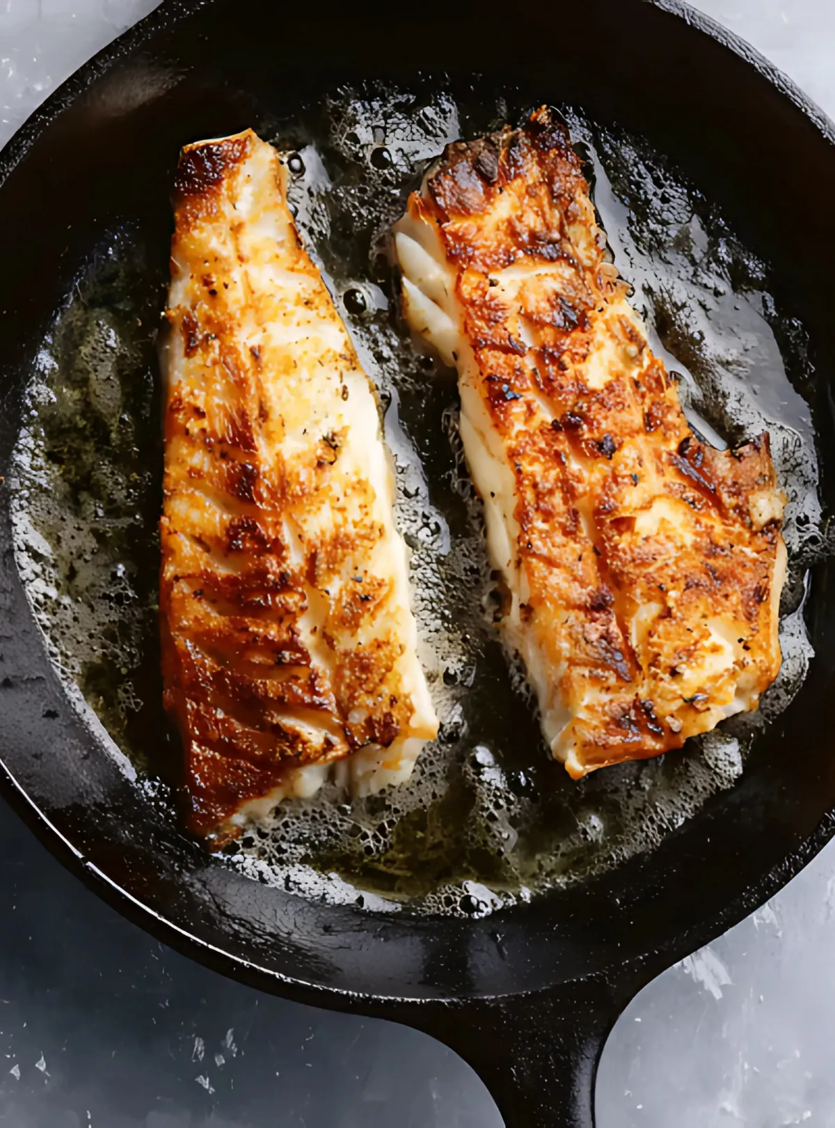 seared fish in cast iron skillet
