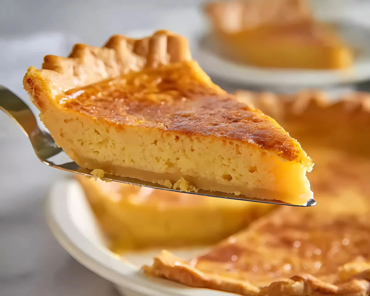 slice of vinegar pie on metal server