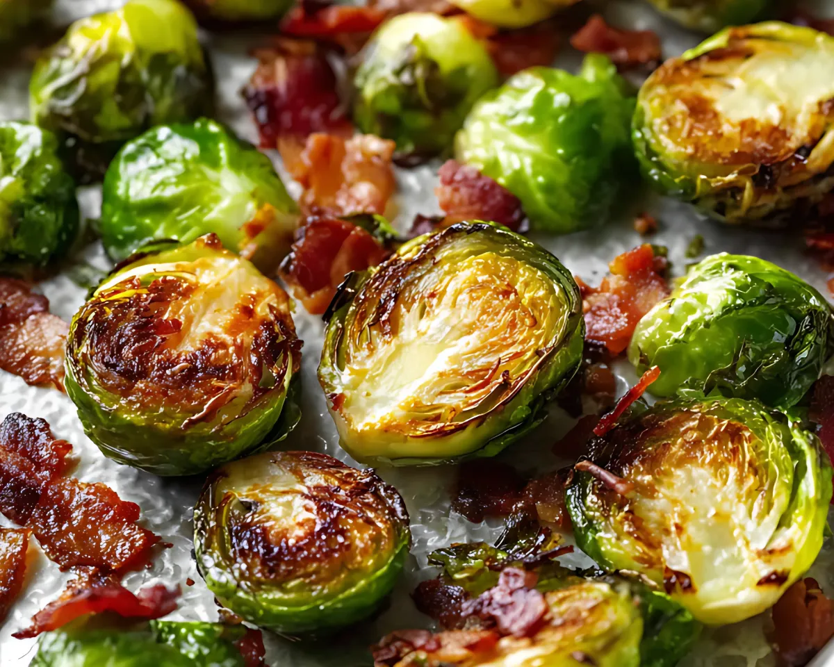sprouts close up with crispy bacon