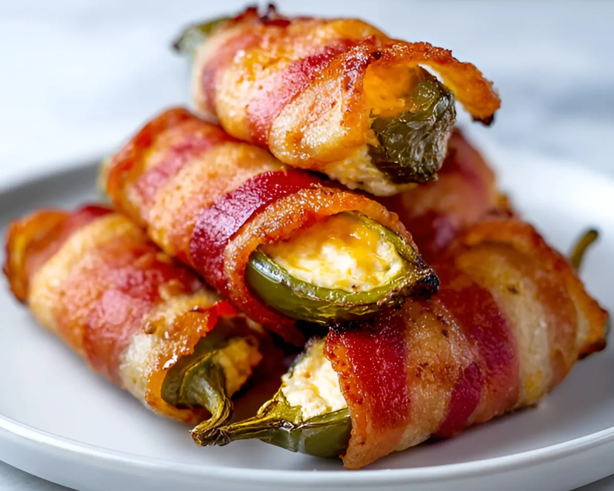 stacked bacon jalapeno poppers on white plate