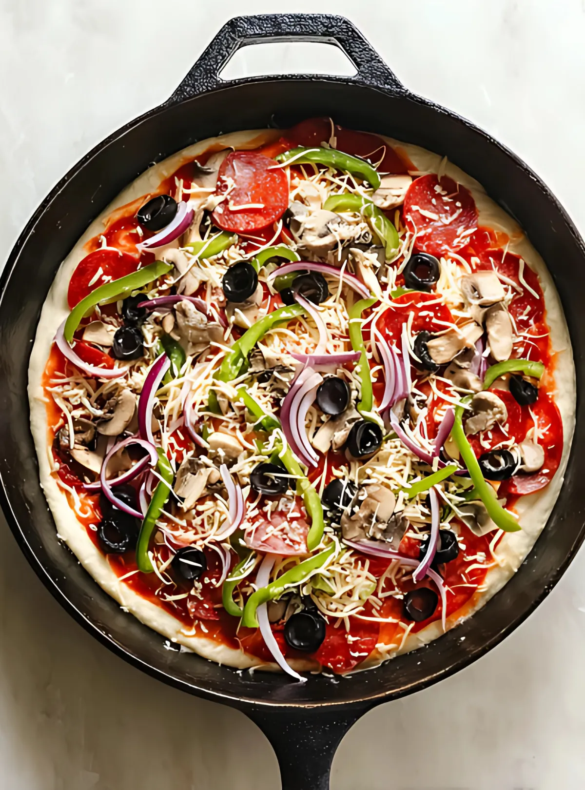 uncooked pizza with toppings in skillet