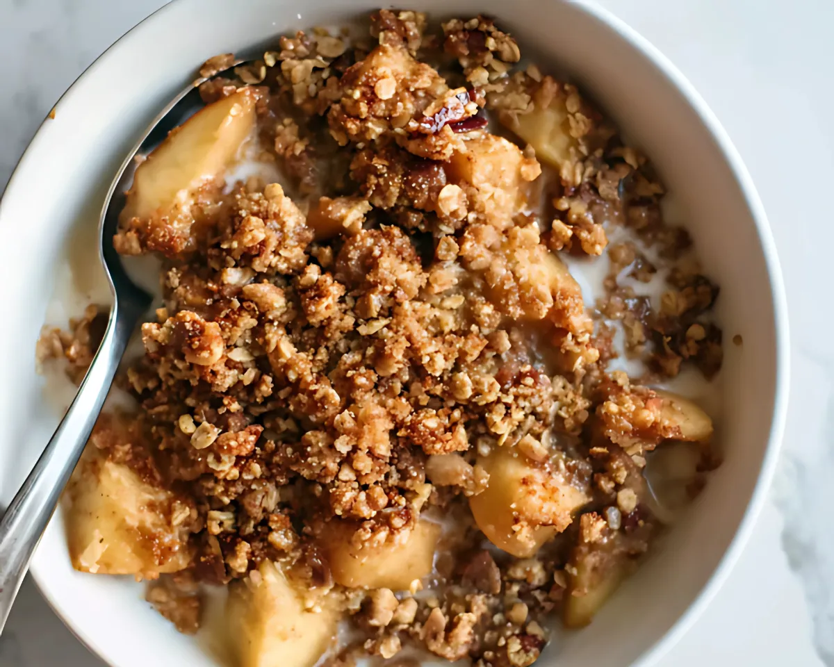 Apple crumble in white bowl with spoon