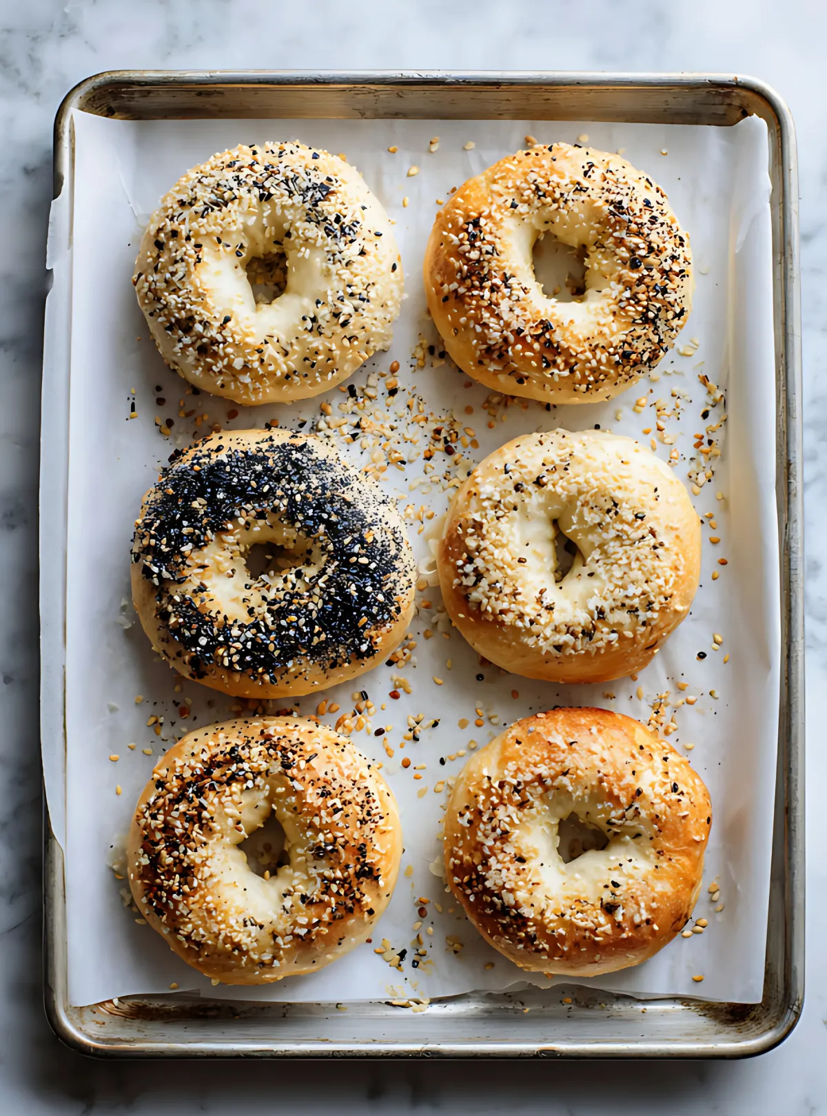 Baked bagels with mixed toppings on tray
