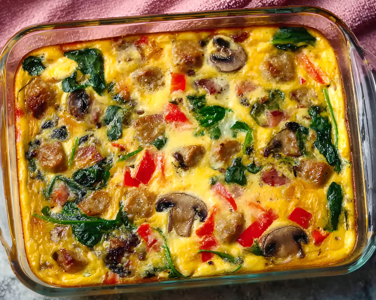 Baked breakfast egg casserole in glass dish