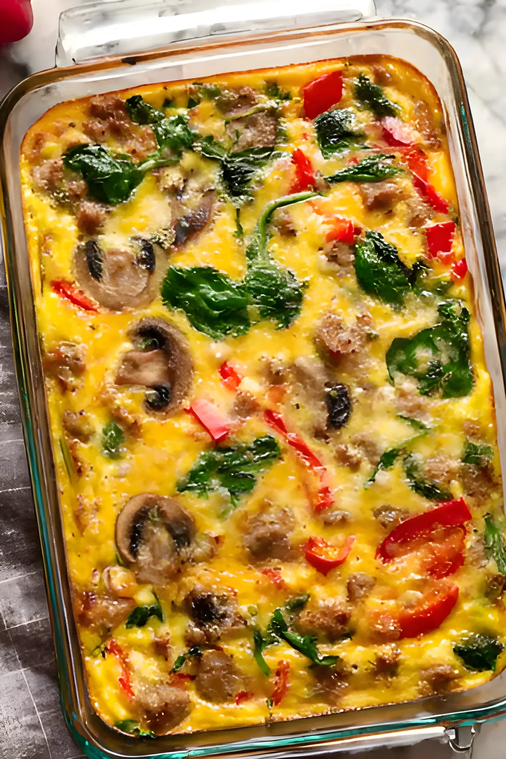 Baked egg casserole with spinach and mushrooms