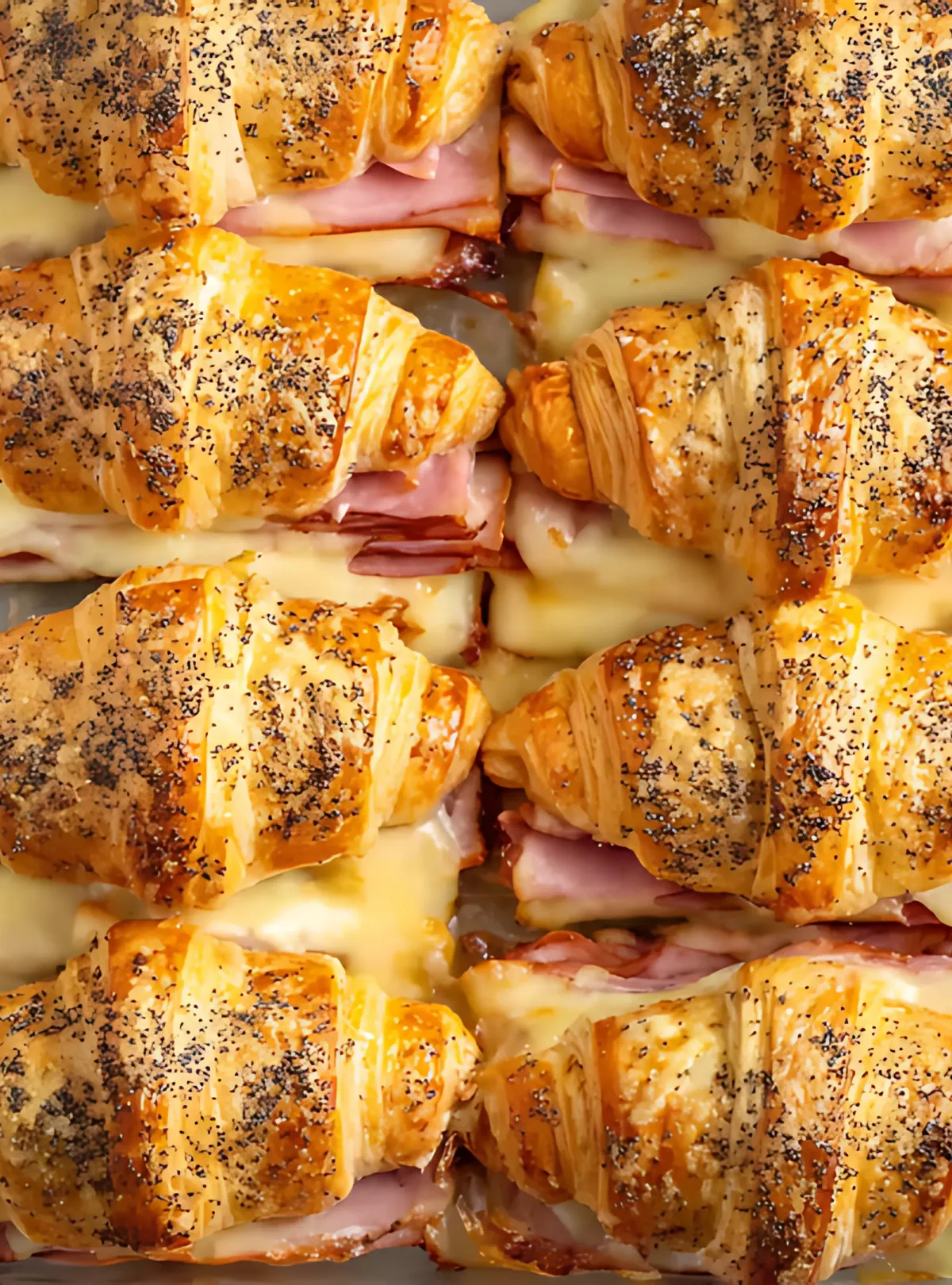 Baking dish of ham and cheese croissants with melted cheese
