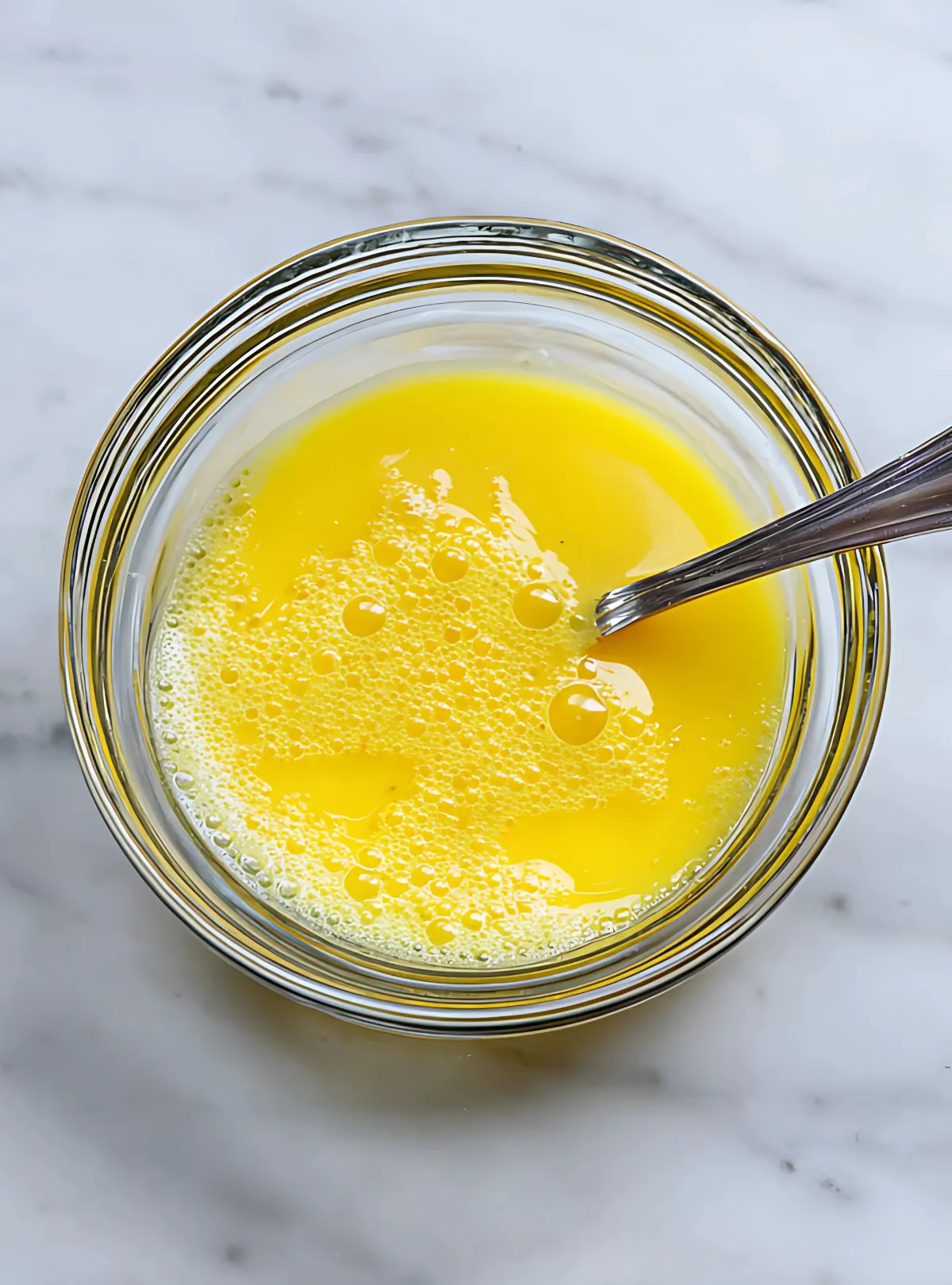 Beaten egg in glass bowl with spoon