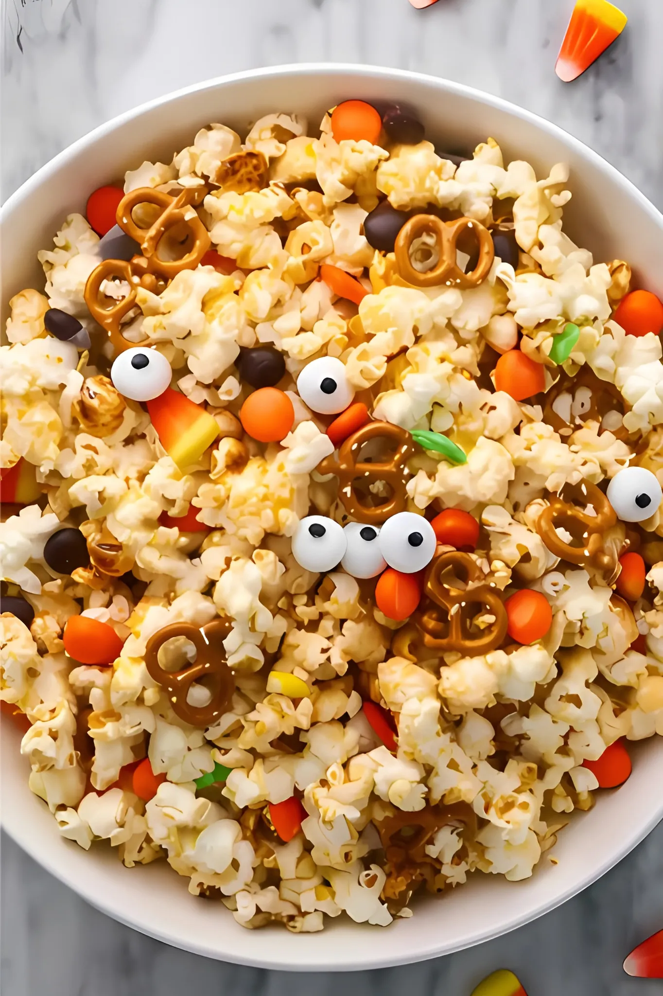 Bowl of Halloween popcorn mix with candy eyes