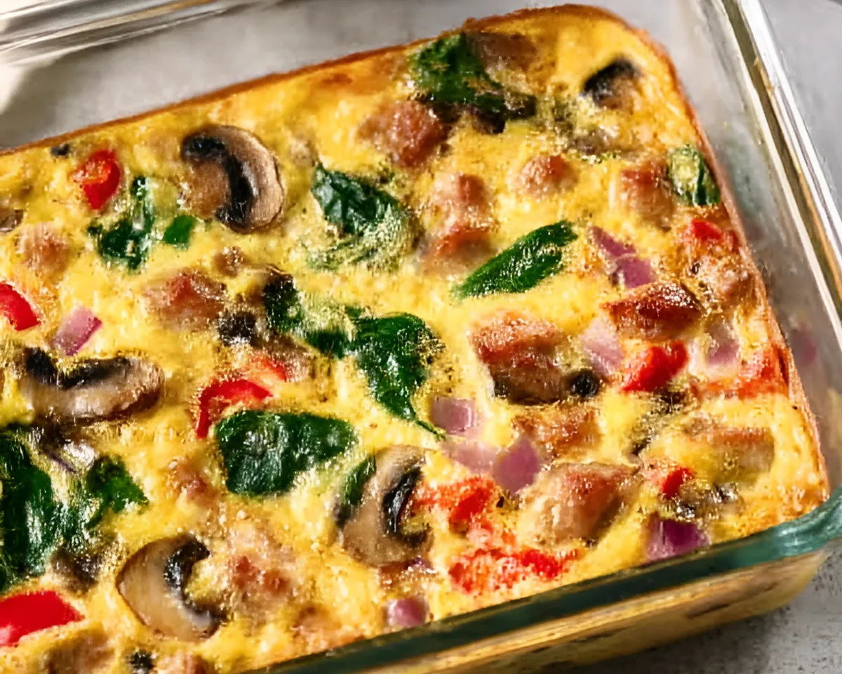 Breakfast egg casserole with sausage and spinach