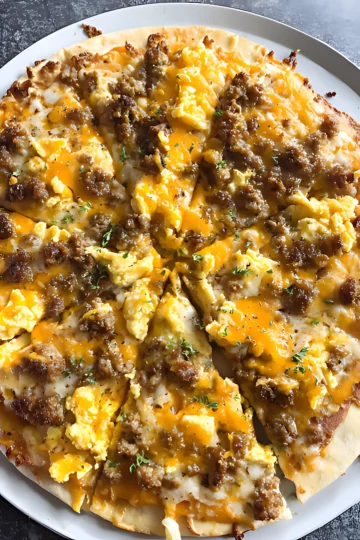 Breakfast pizza with melted cheese and herbs