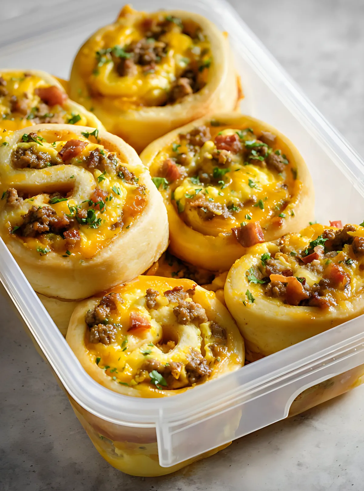 Breakfast rolls with sausage egg cheese and parsley in container