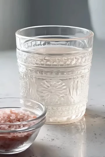 Clear patterned glass of salt water with bowl of pink Himalayan salt