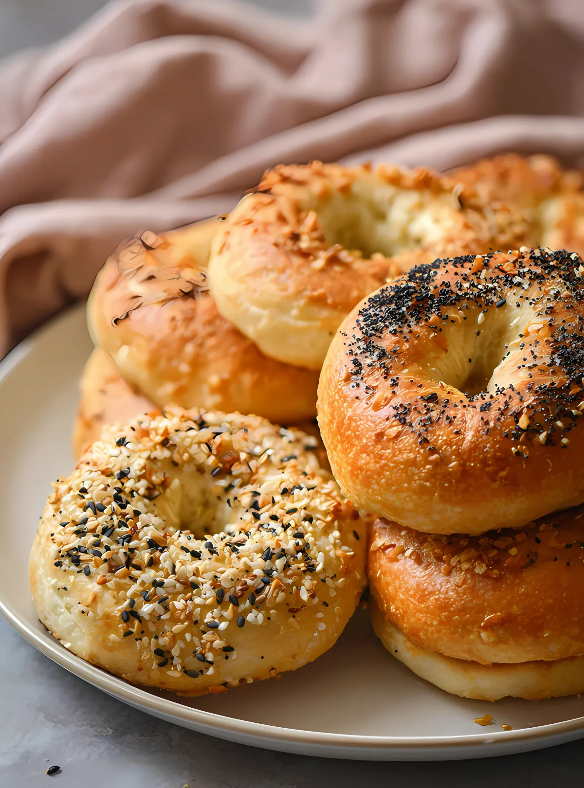 Close up of everything bagels on plate