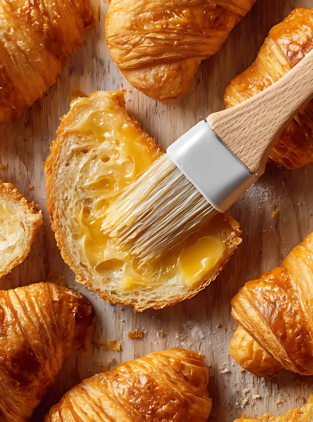 Croissant half brushed with melted butter on wooden board