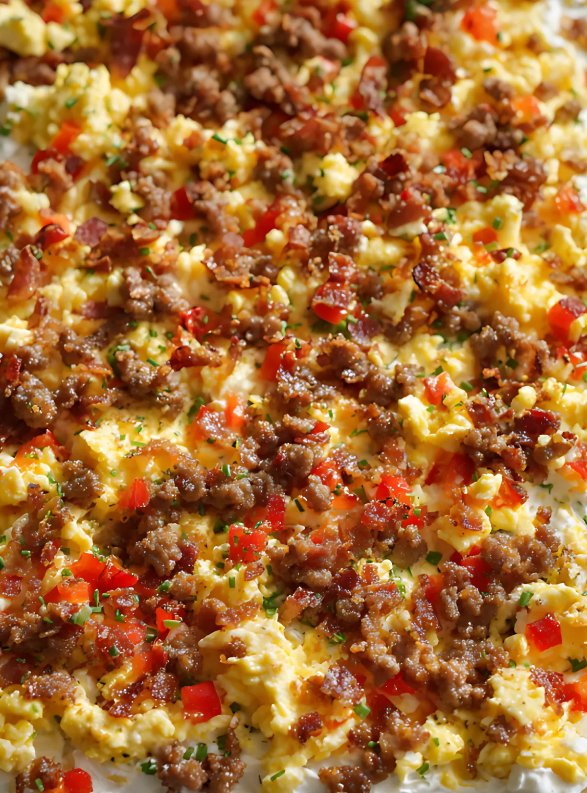 Dough topped with eggs sausage and bacon