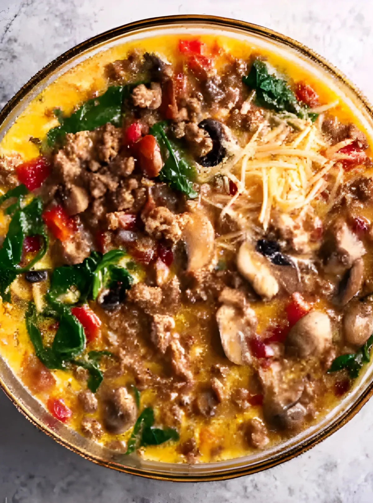 Egg mixture with sausage spinach mushrooms in bowl