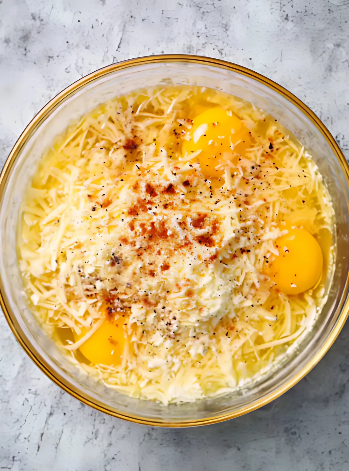 Eggs cheese seasoning in mixing bowl