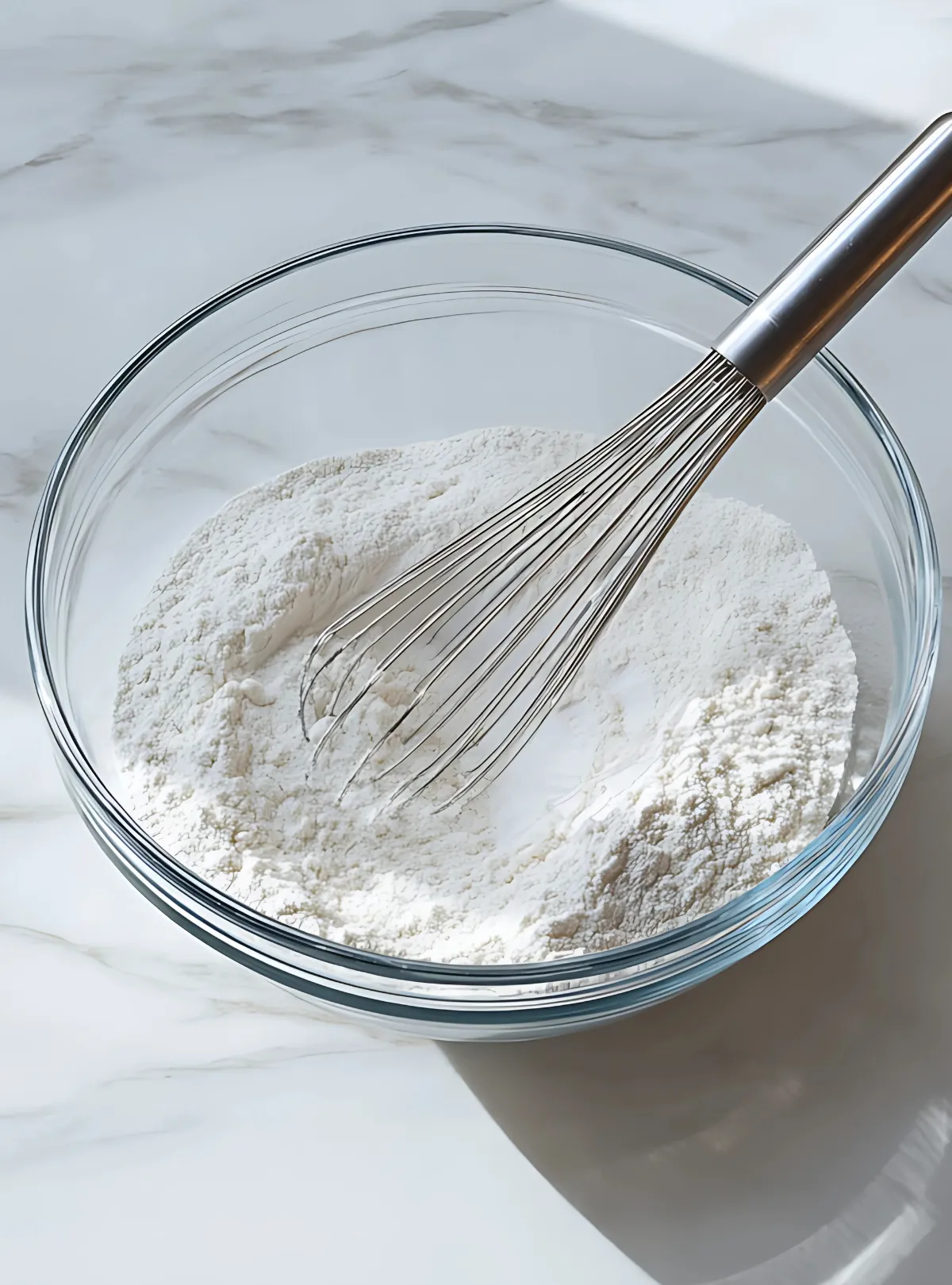 Flour in glass bowl with whisk on marble