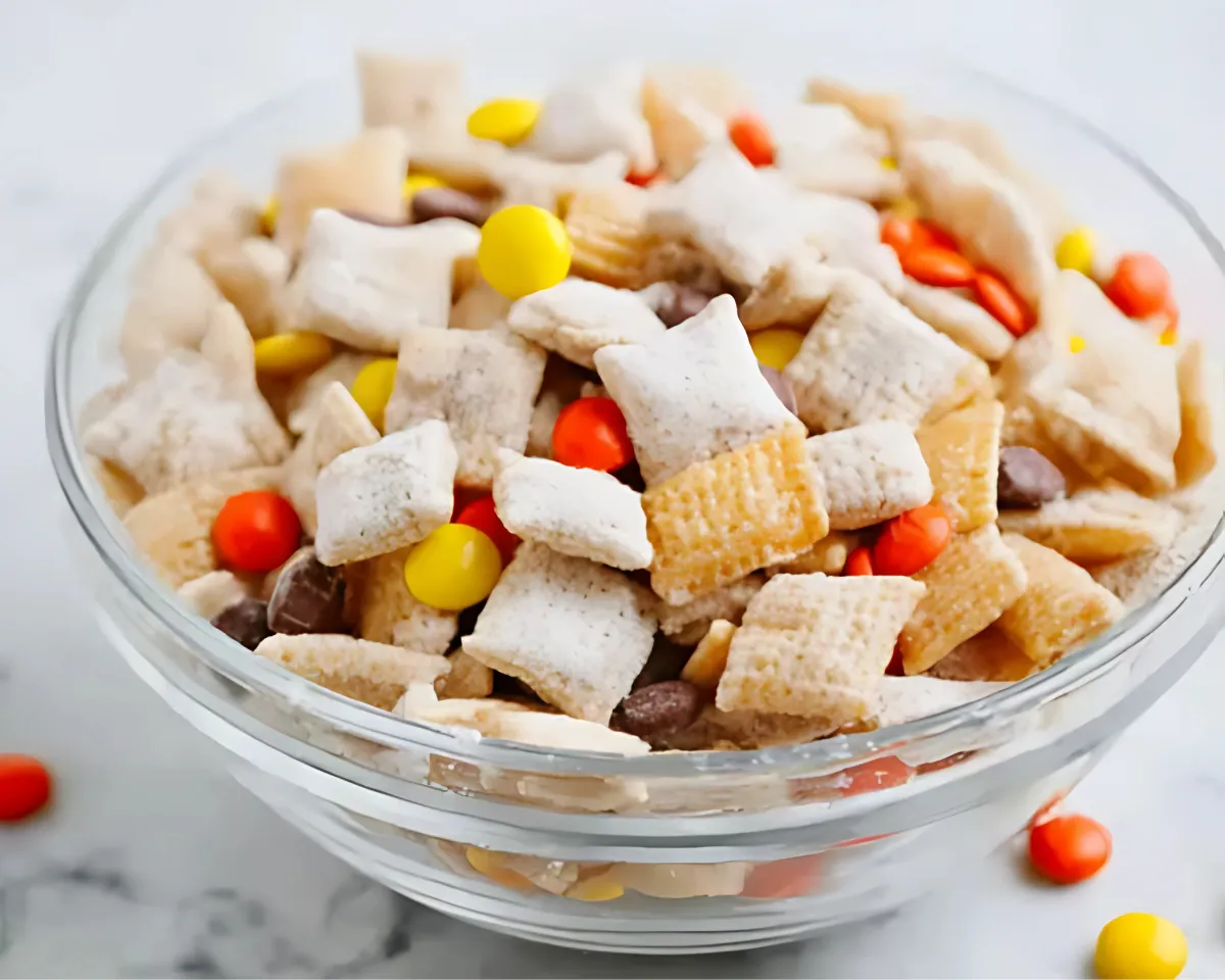 Glass bowl of puppy chow with Reese