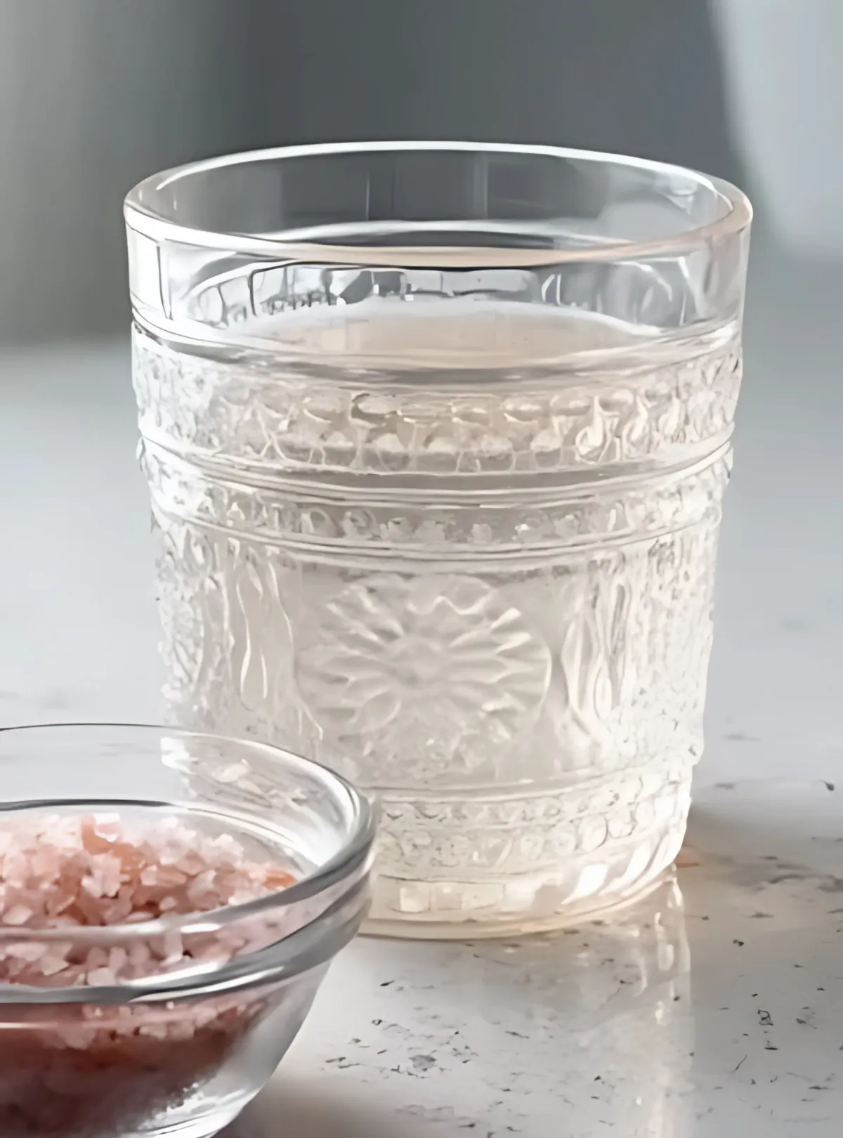 Glass bowl of water salt and lime half