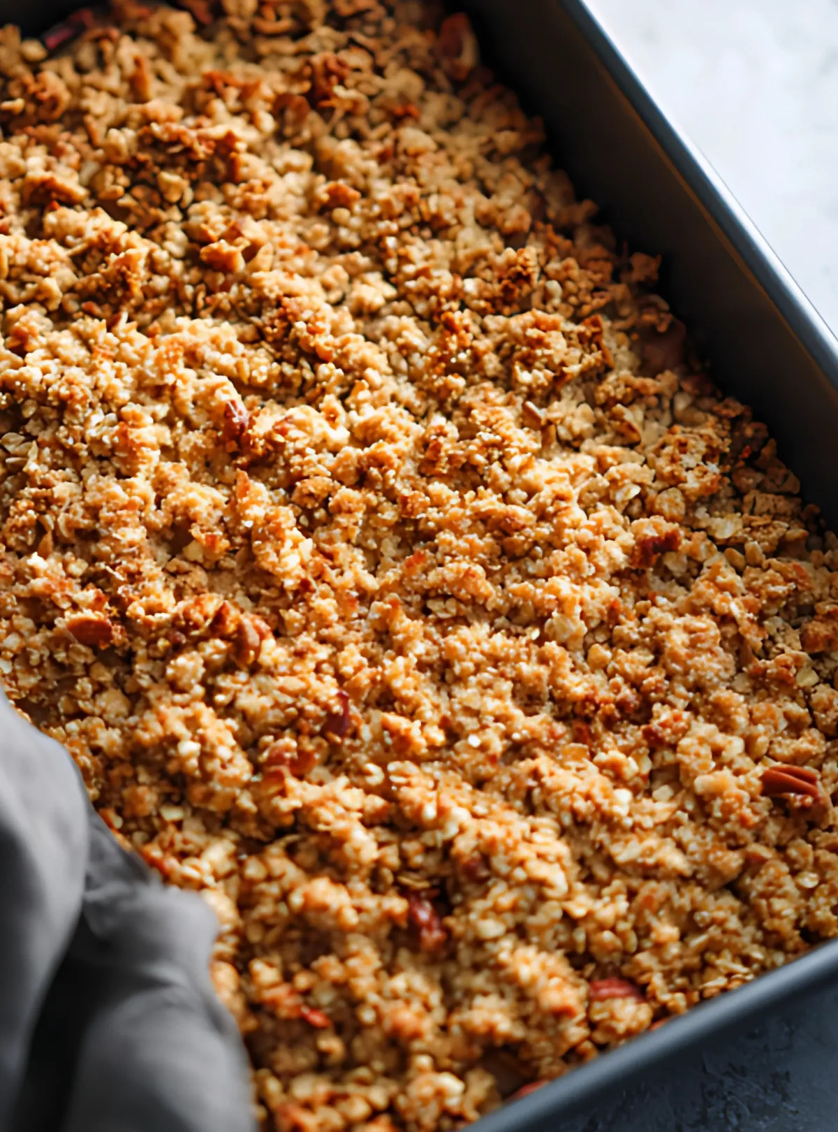 Golden apple crumble baked in tray