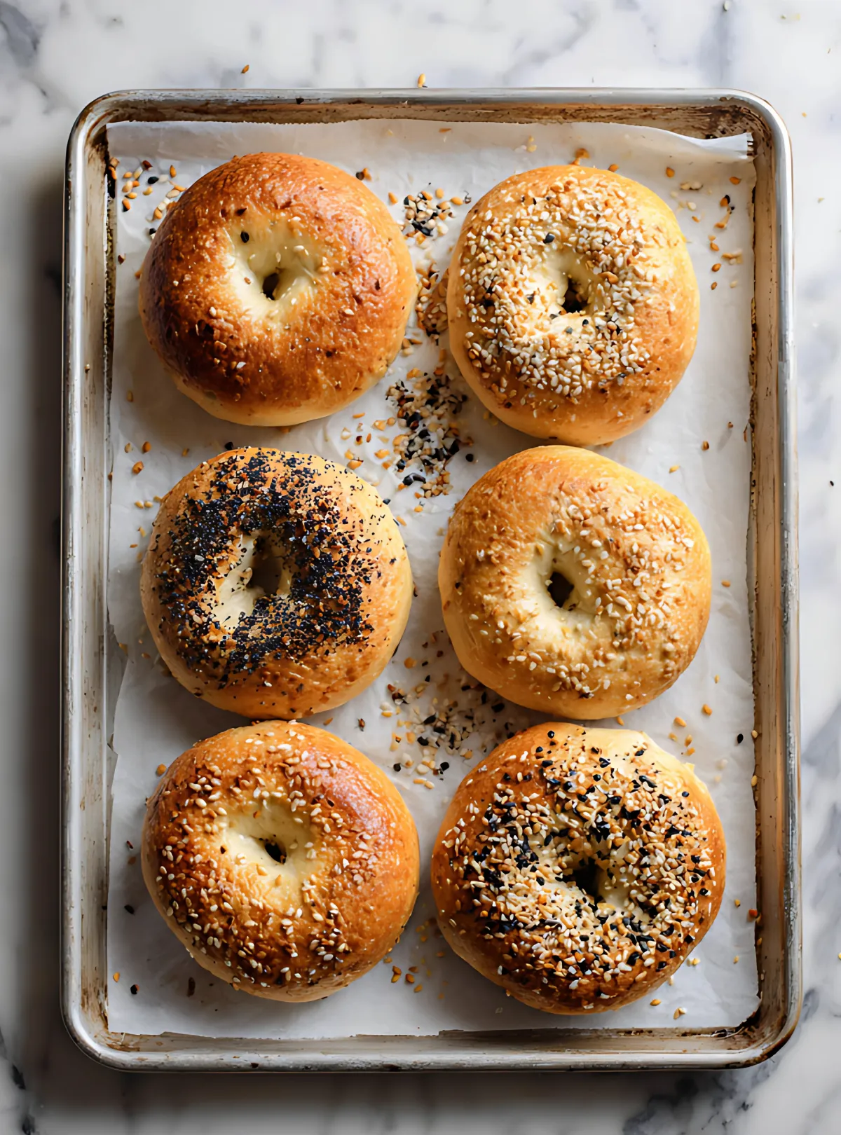 Golden bagels with sesame and poppy seeds on tray