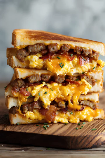Gooey breakfast grilled cheese stack on board