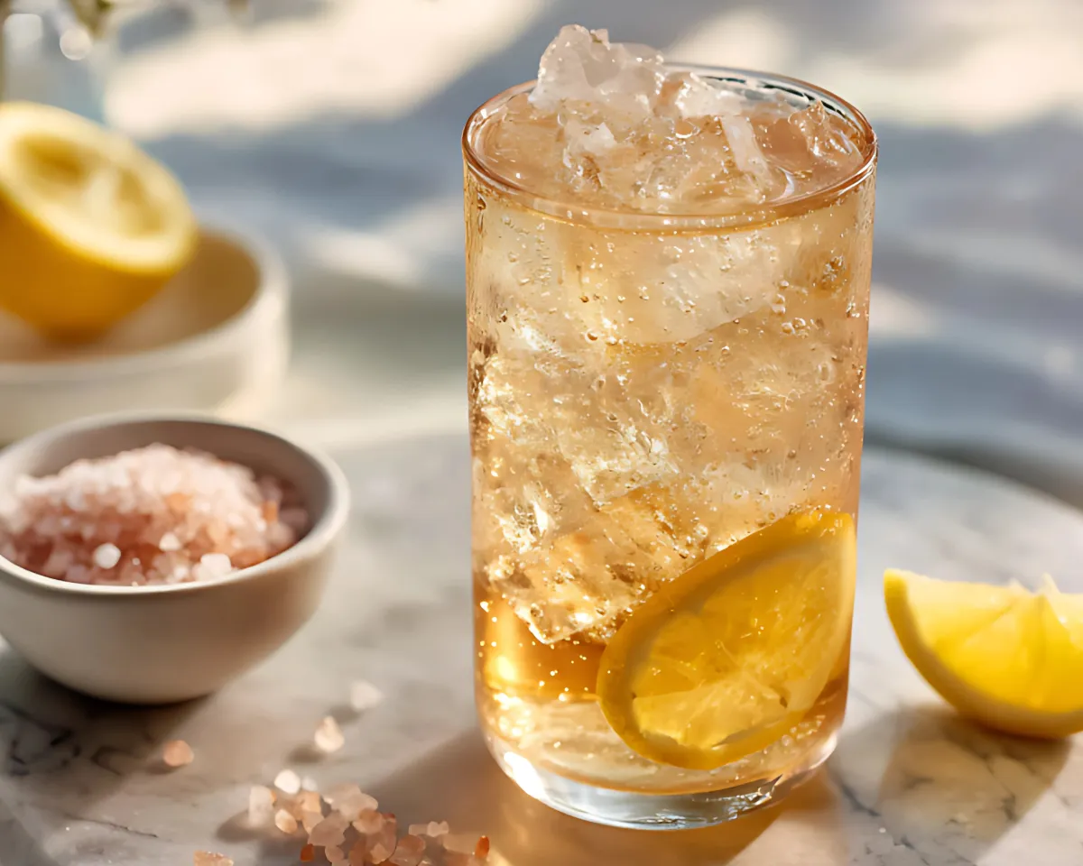 Iced lemon drink with pink salt in a glass