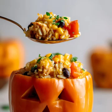 Jack o lantern stuffed pepper with spoonful of filling