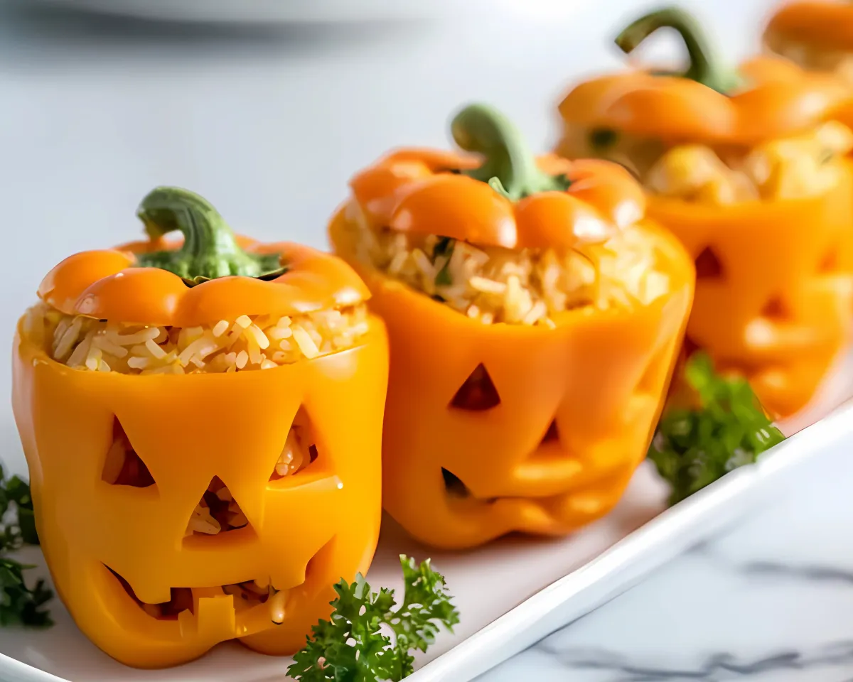 Jack o lantern stuffed peppers on white plate