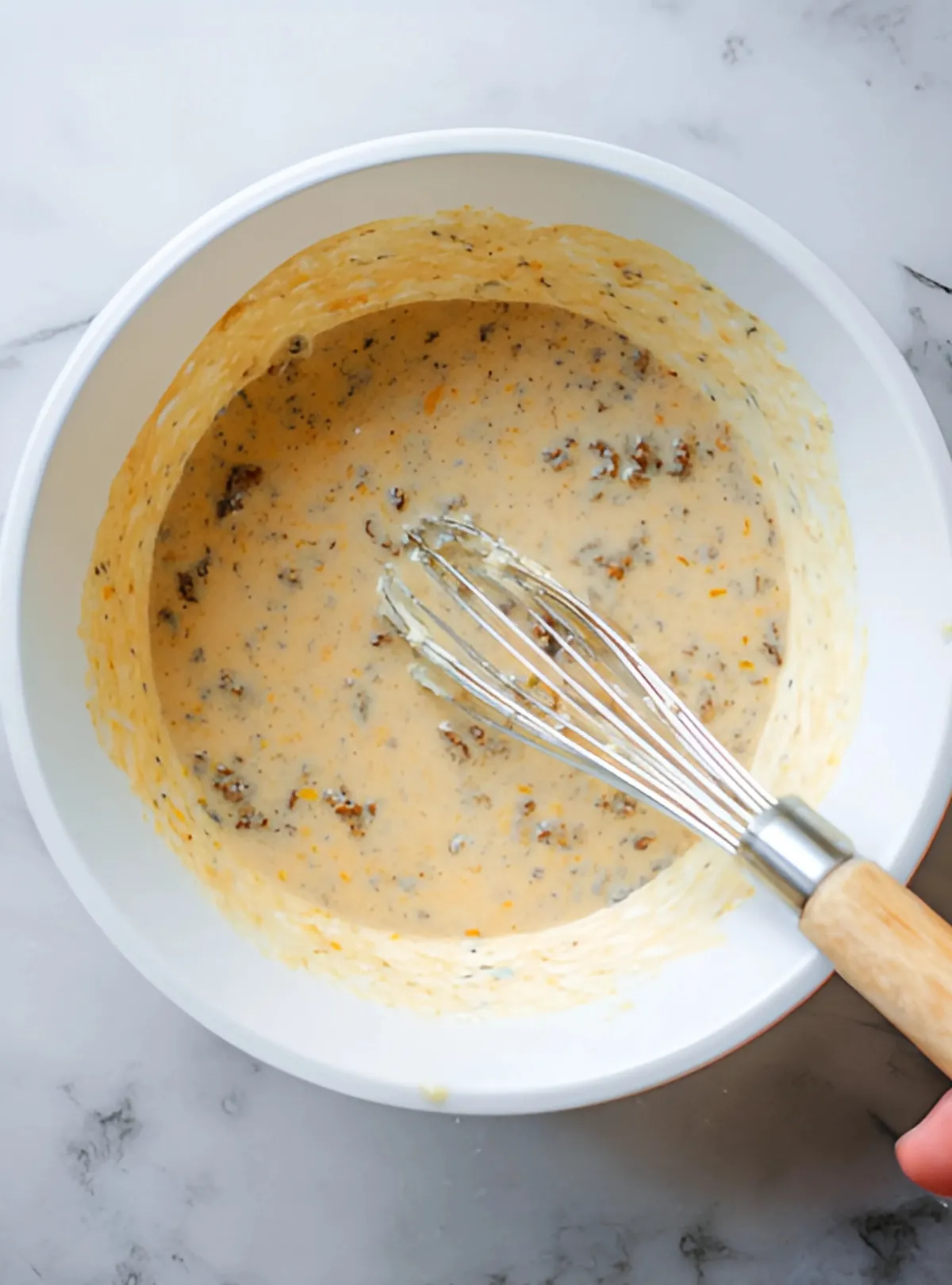 Mixing bowl with whisk and batter