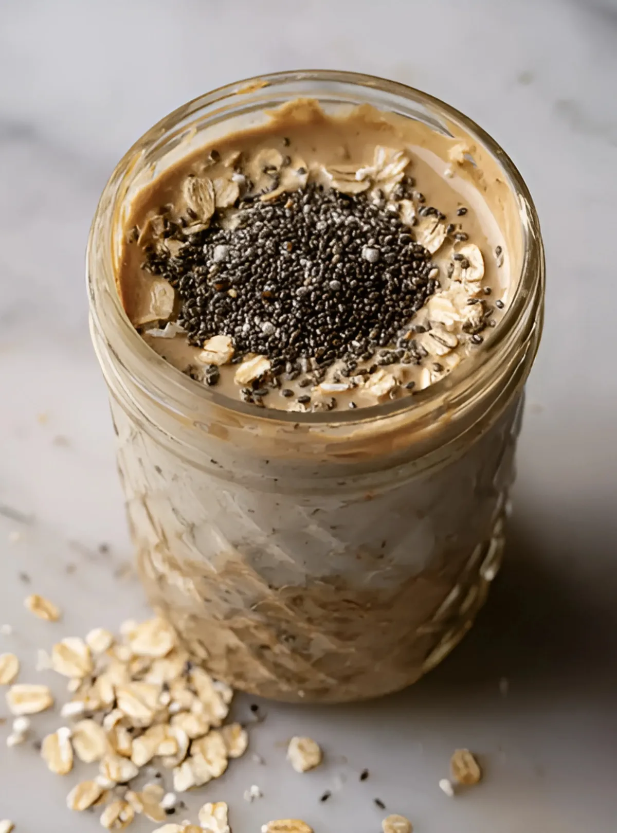 Overnight oats jar chia seeds top