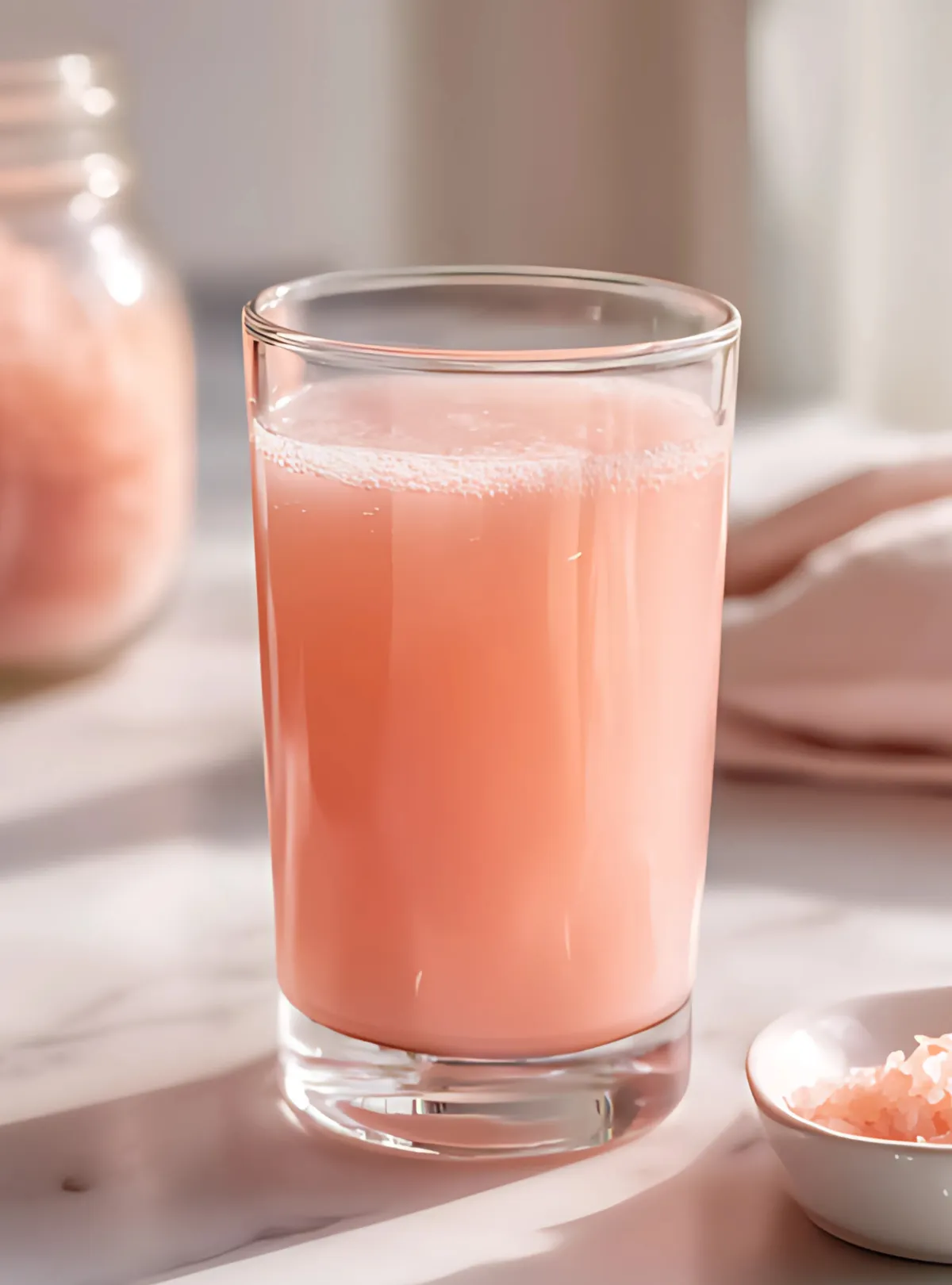 Pink drink in clear glass with pink salt in dish