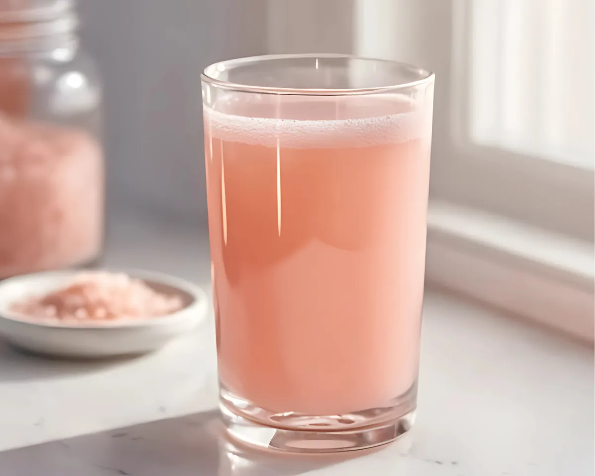 Pink drink in clear glass with sunlight and pink salt jar