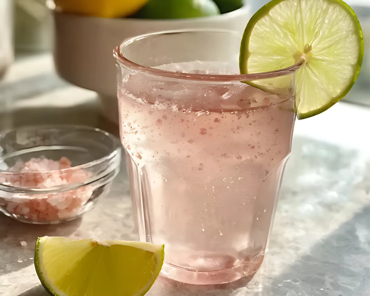 Pink salt drink in sunlight with lime wedge and salt bowl