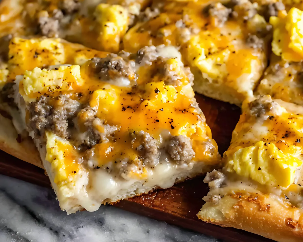 Pizza slice with sausage eggs cheese