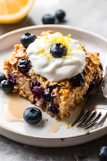 Plate with baked oatmeal slice topped with yogurt