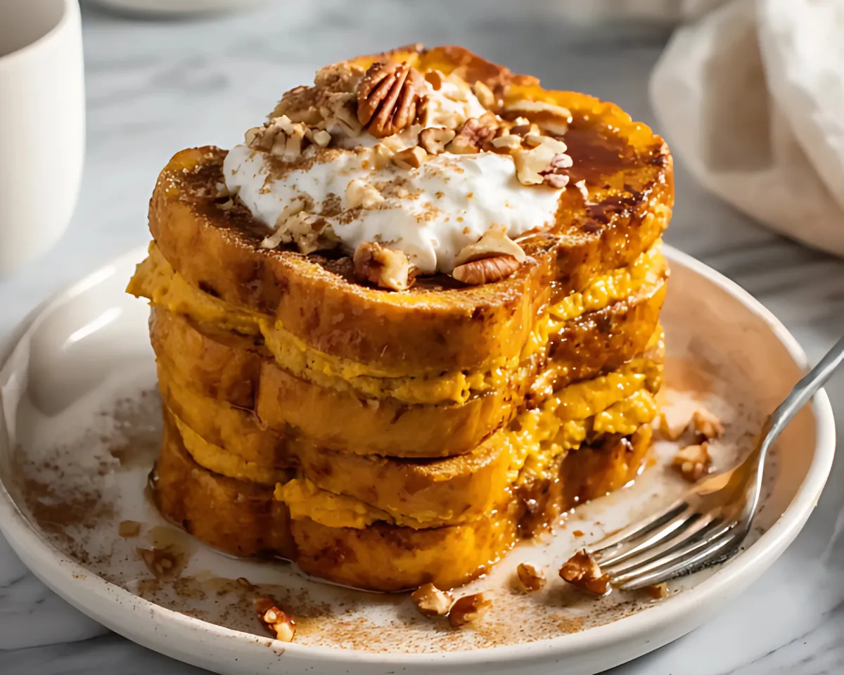 Pumpkin french toast slices topped with cream and pecans