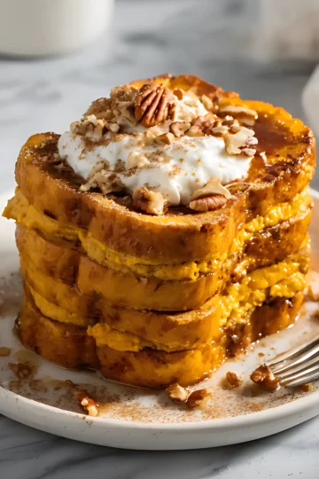 Pumpkin french toast stack with cream and pecans