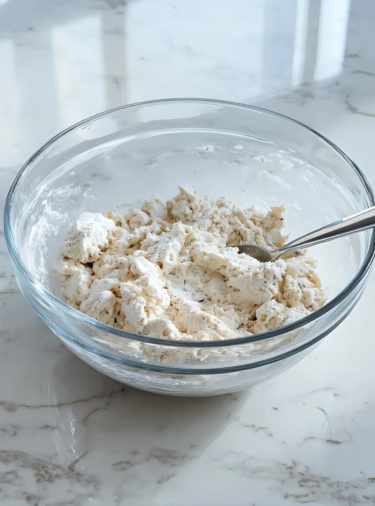 Shaggy bagel dough in glass bowl with spoon