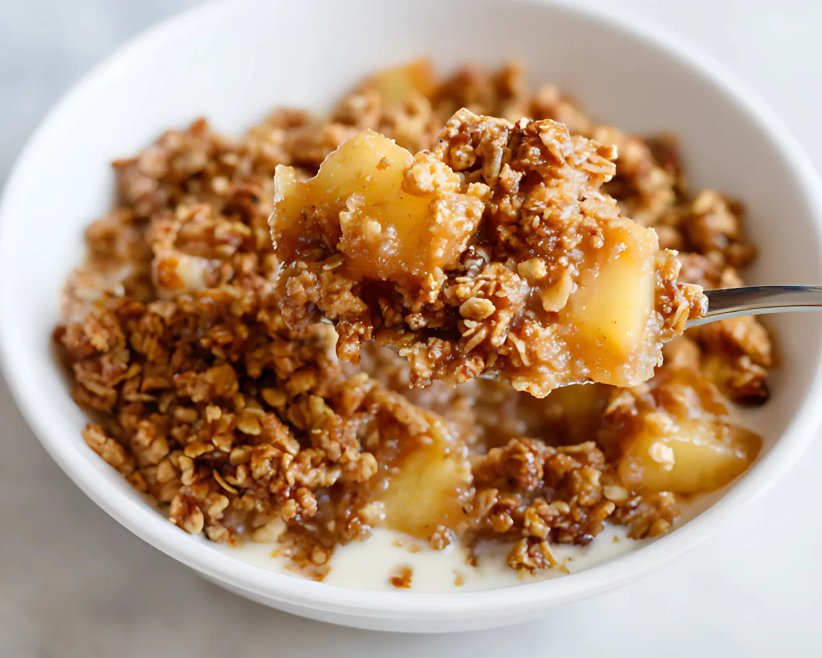 Spoon lifting apple crumble from bowl