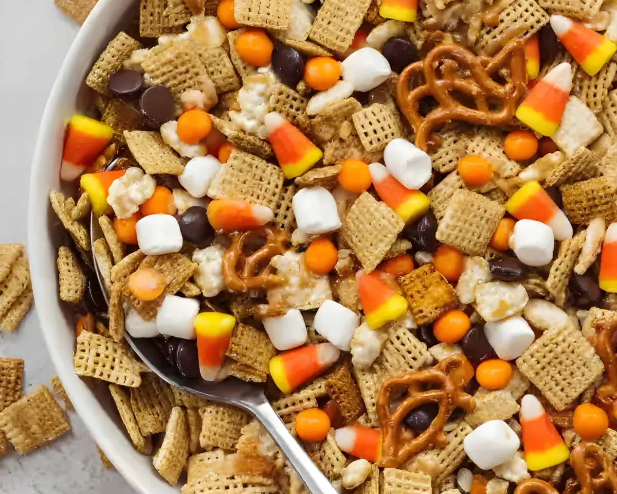 Spoon scooping Chex Mix