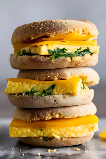 Three stacked breakfast sandwiches with egg spinach and cheese