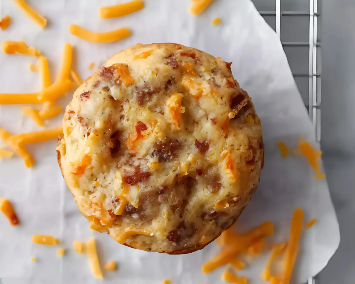 Top view cheesy sausage muffin on parchment