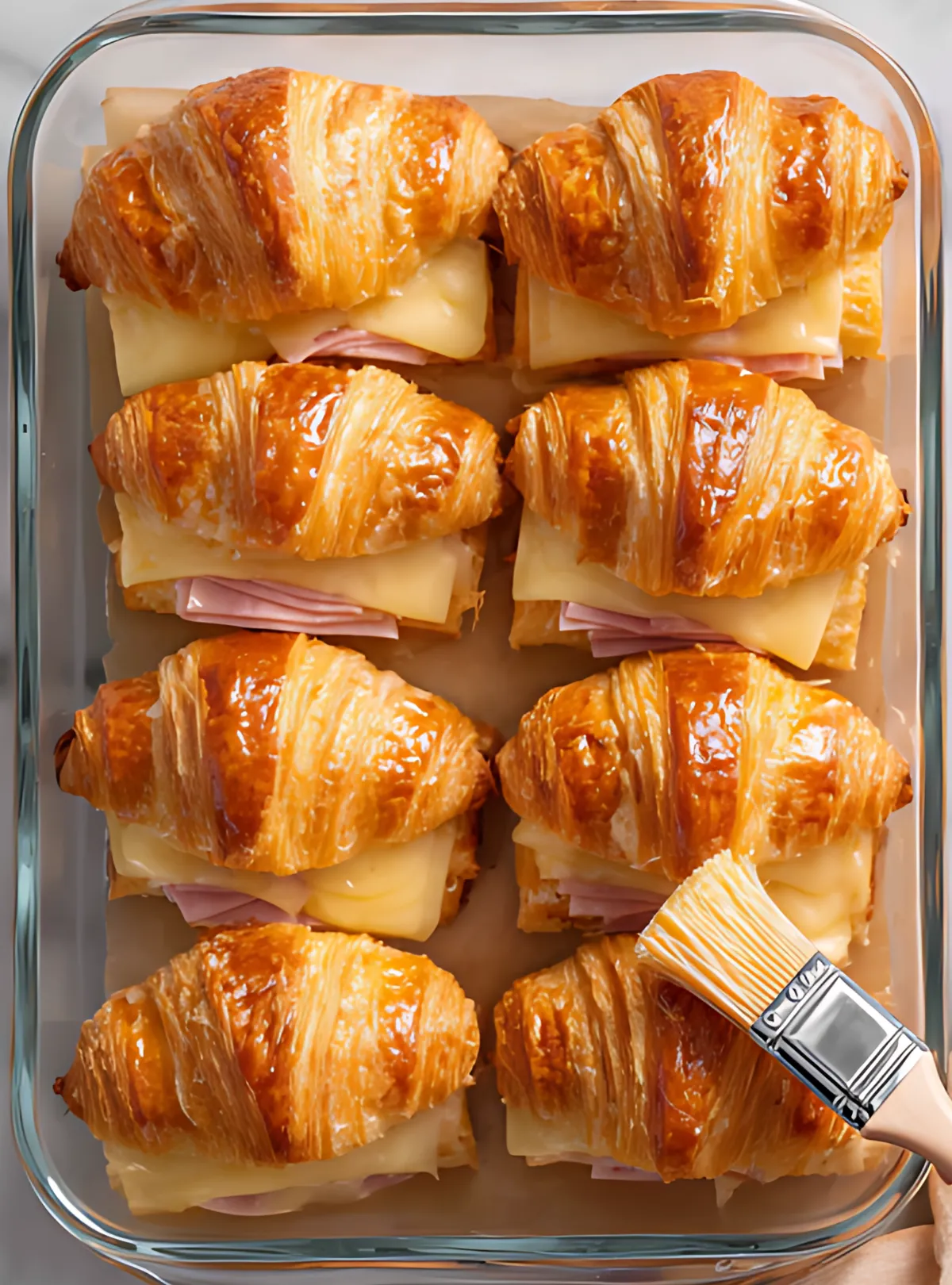 Tray of croissants with cheese and ham brushed with butter