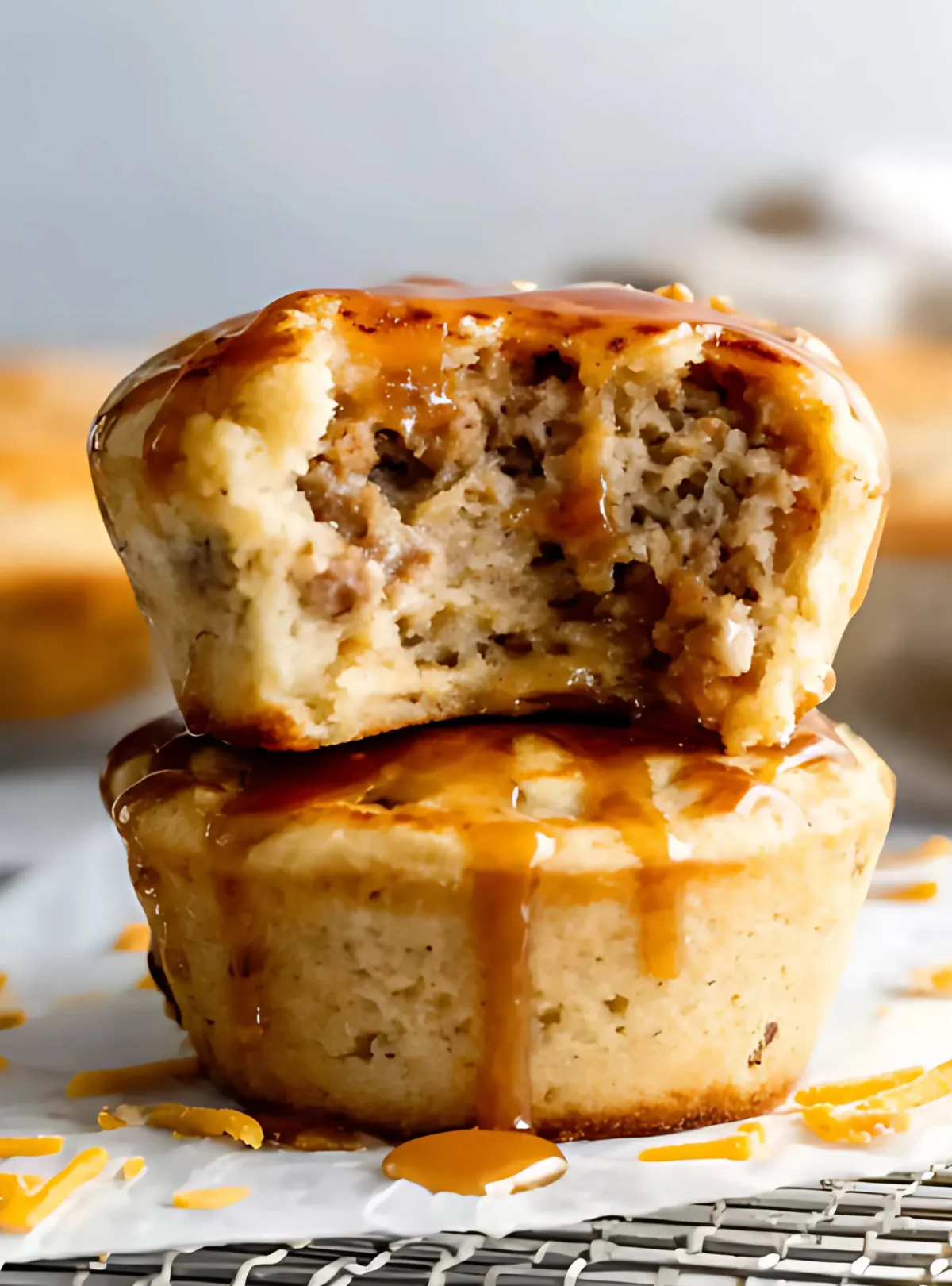 Two muffins stacked with syrup drizzle